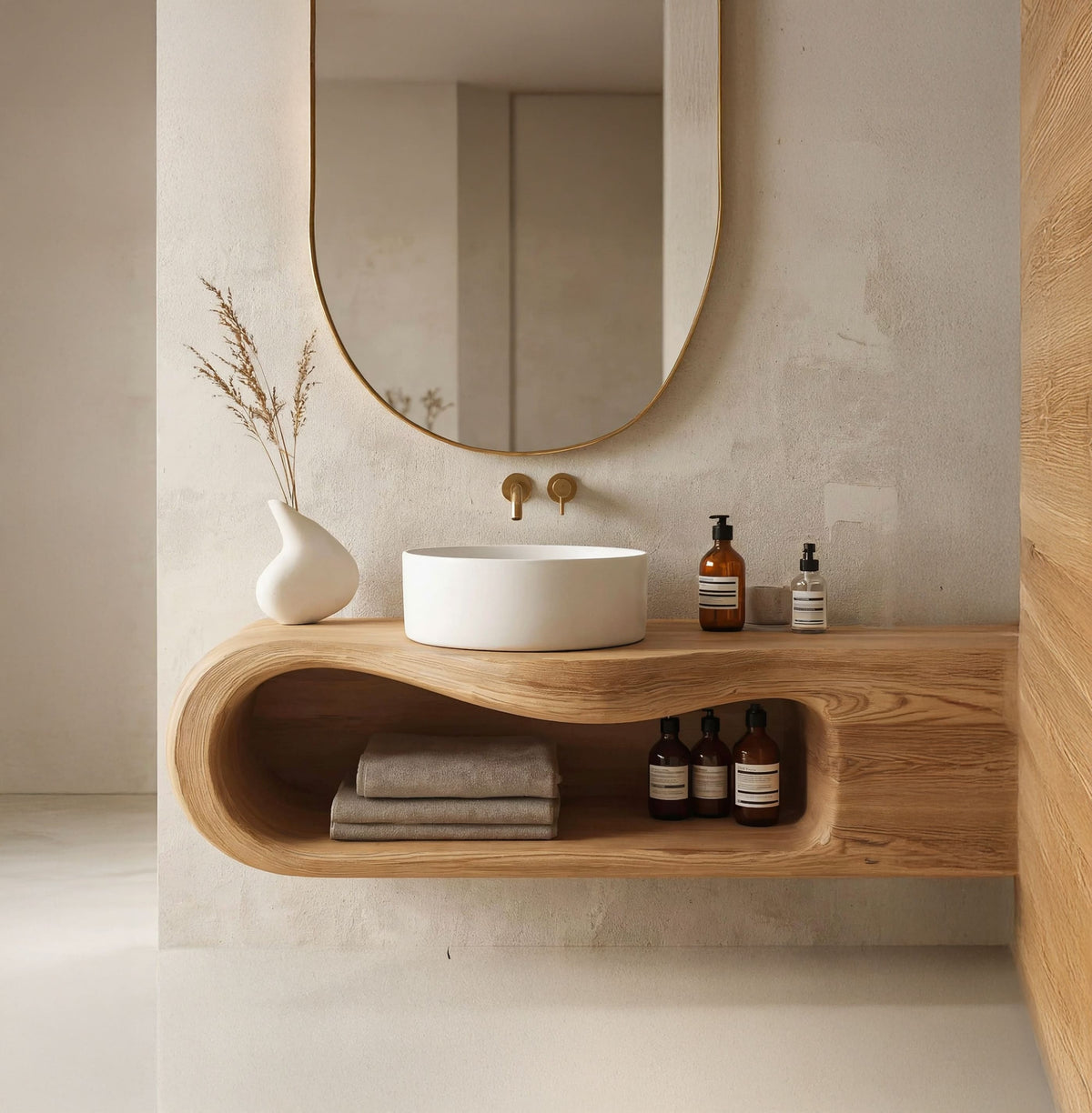 Baumkanten-Wandregal aus Massivholz, das Badezimmer-Essentials in einem minimalistischen Raum ordnet