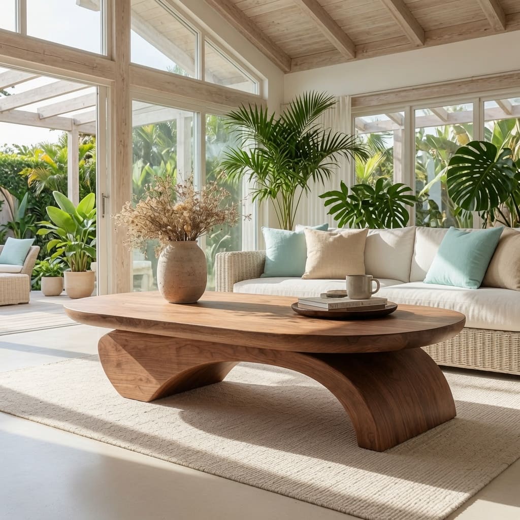 Handgefertigter skulpturaler Baumkanten-Couchtisch aus Massivholz in einem modernen Wohnzimmer