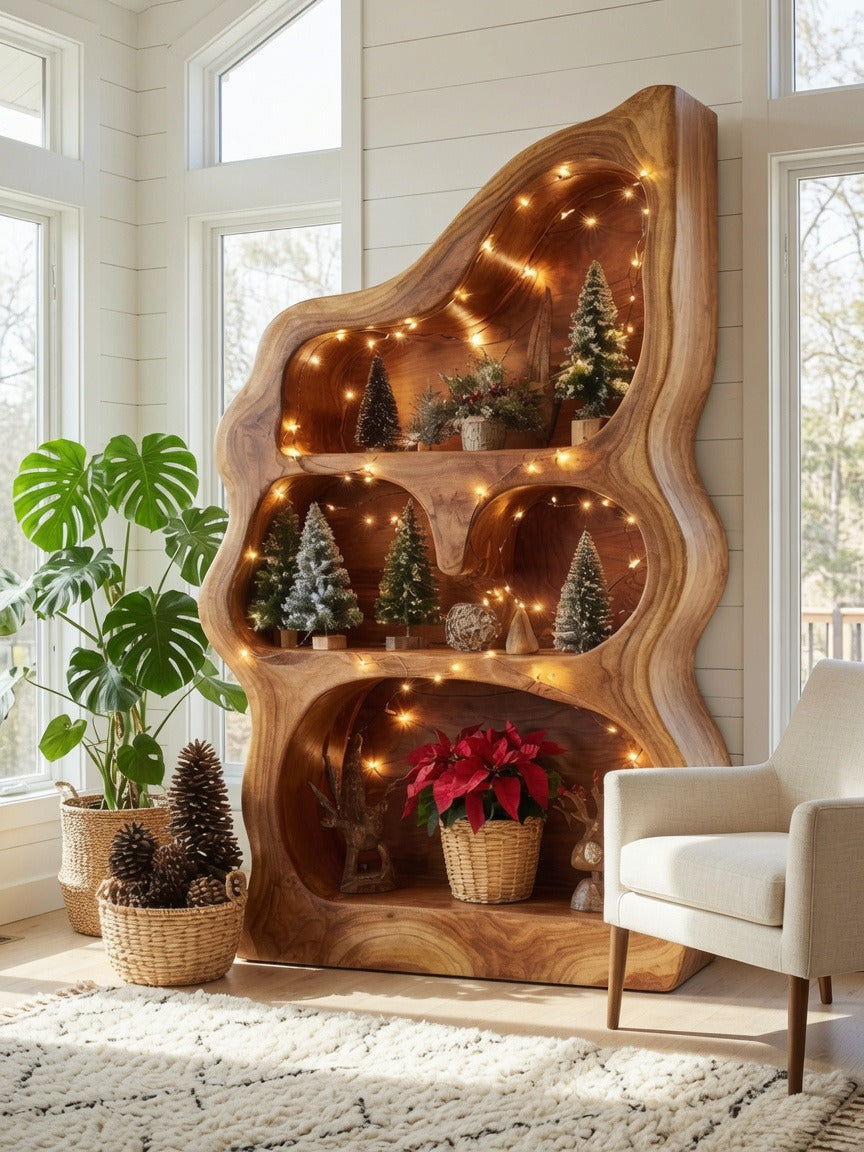 Handgefertigtes Holz-Schauregal mit Büchern und Deko in einer gemütlichen Leseecke