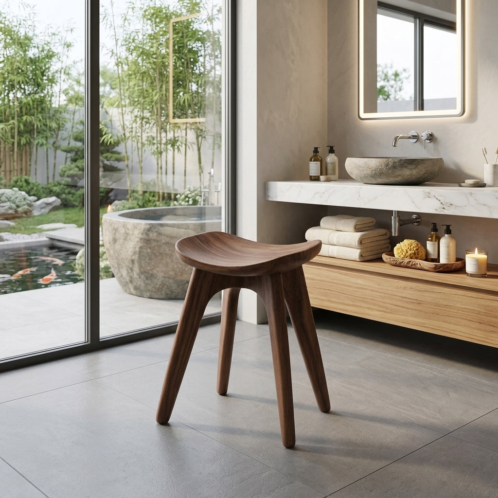 Skulpturaler Schminkhocker aus Massivholz, präsentiert in einem minimalistischen Badezimmer