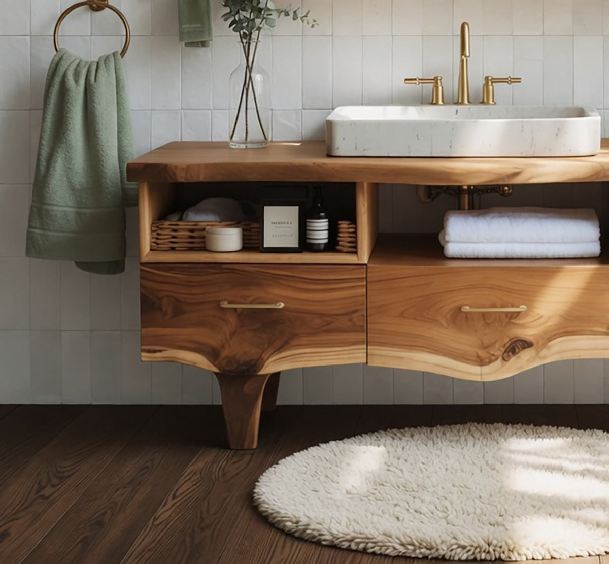 Handgefertigter Waschtisch aus Massivholz – Baumkanten-Design mit Stauraum