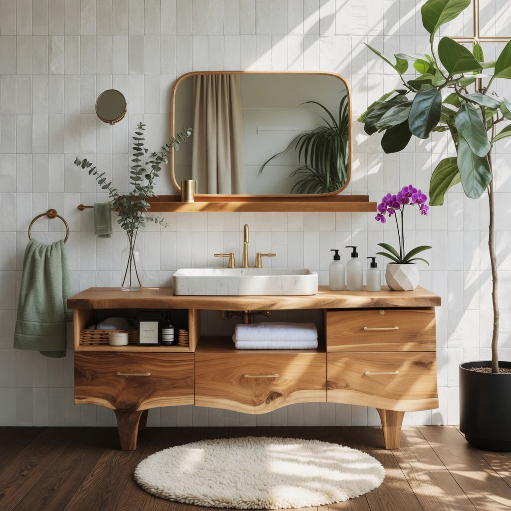 Handgefertigter Waschtisch aus Massivholz – Baumkanten-Design mit Stauraum