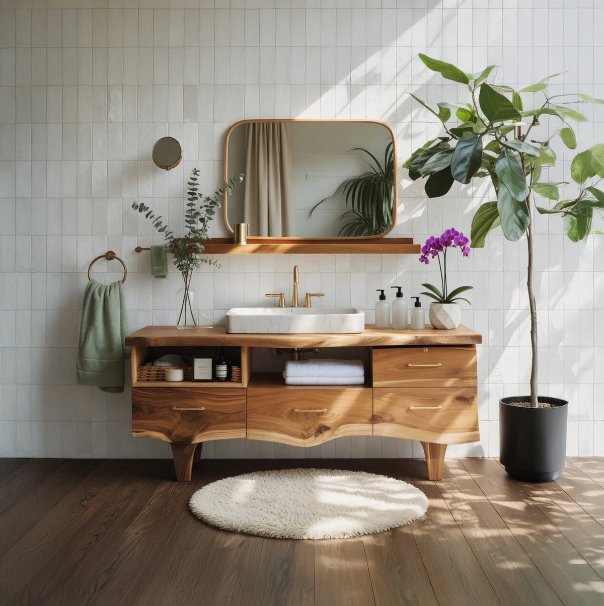 Handgefertigter Waschtisch aus Massivholz – Baumkanten-Design mit Stauraum