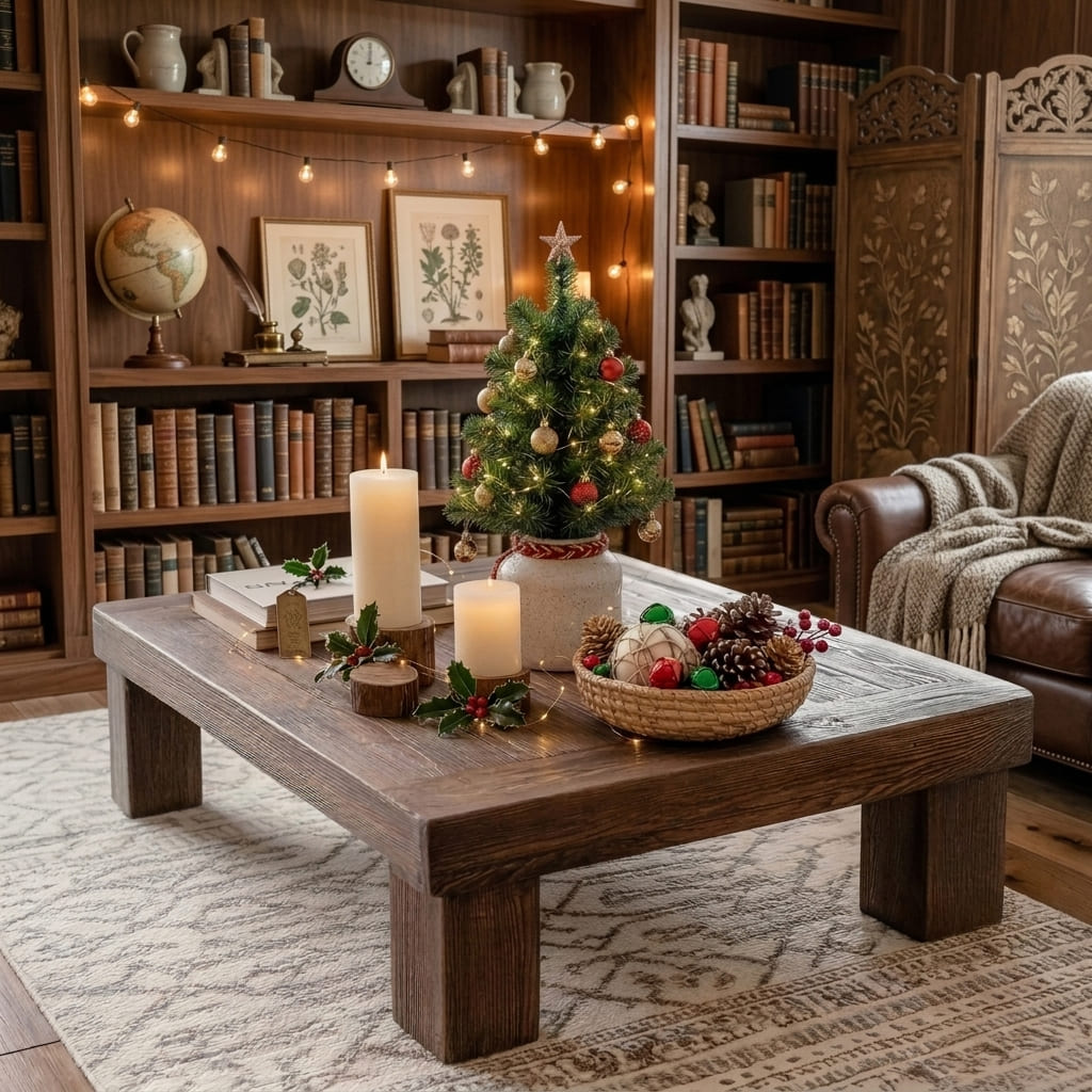 Handgefertigter Block-Couchtisch aus Massivholz in einem modernen Wohnzimmer