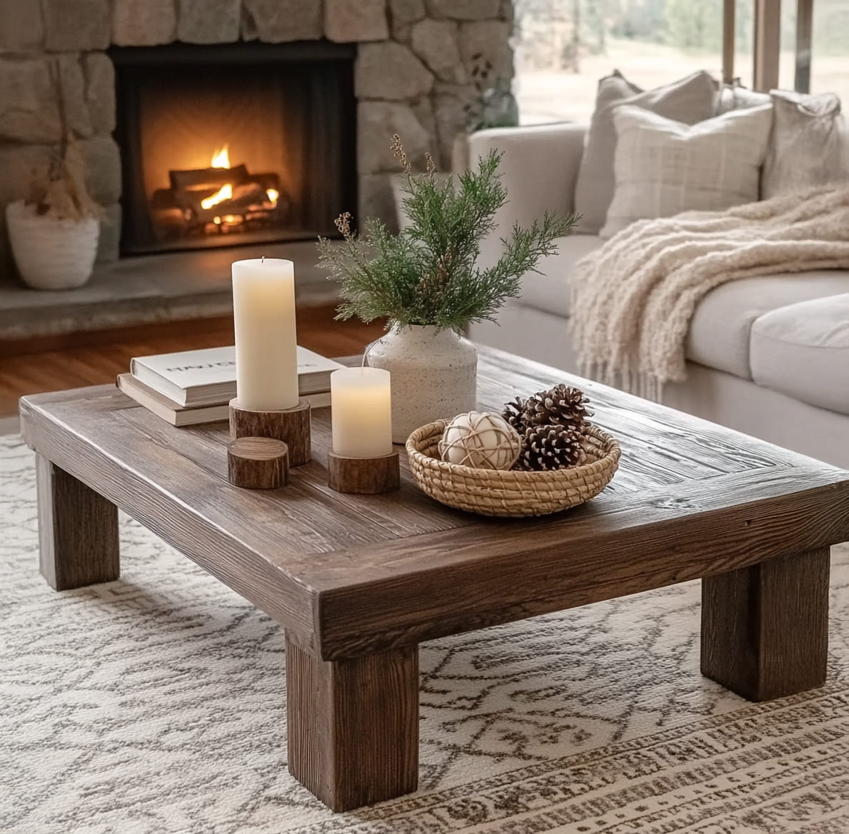 Moderner Couchtisch aus Massivholz in einem minimalistischen Wohnbereich