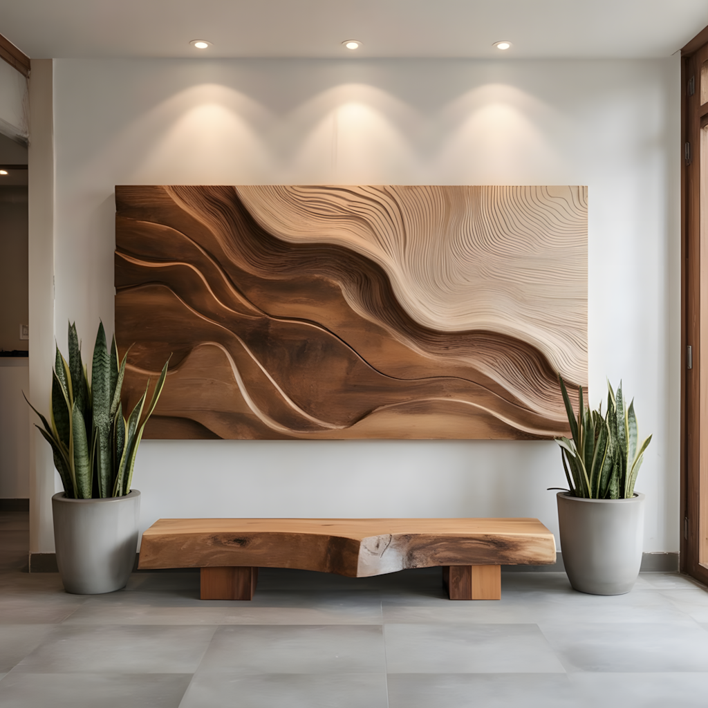 Handgefertigte geschnitzte Wandkunst aus Massivholz – Organische Wellen-Skulptur