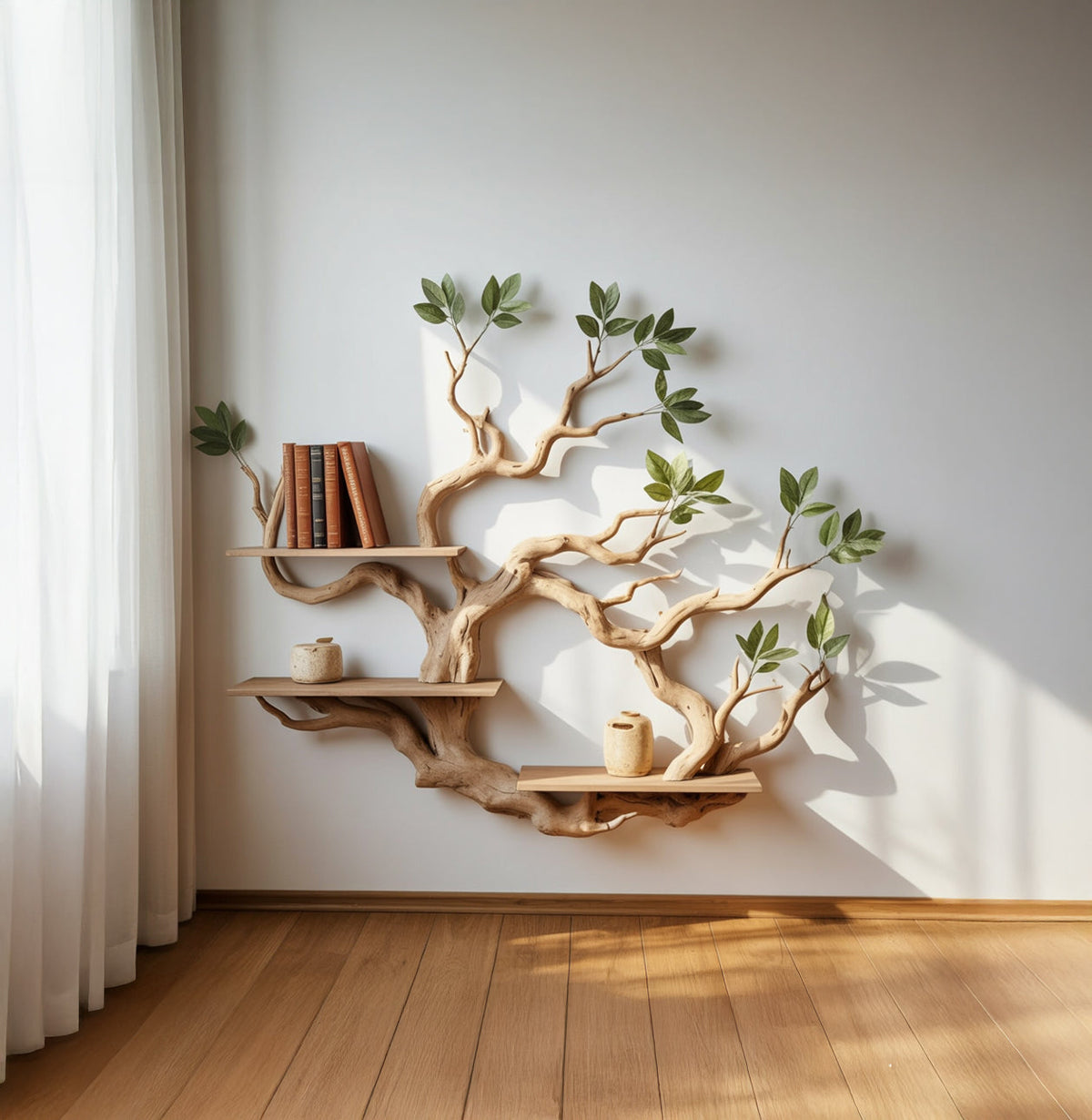 Schwebendes Baum-Bücherregal mit kleinen grünen Blättern, die Schatten an die weiße Wand werfen