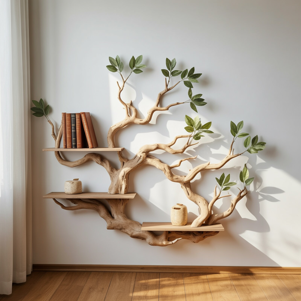 Baum-Wandbücherregal mit braunen Büchern über einem sonnigen Hartholzboden