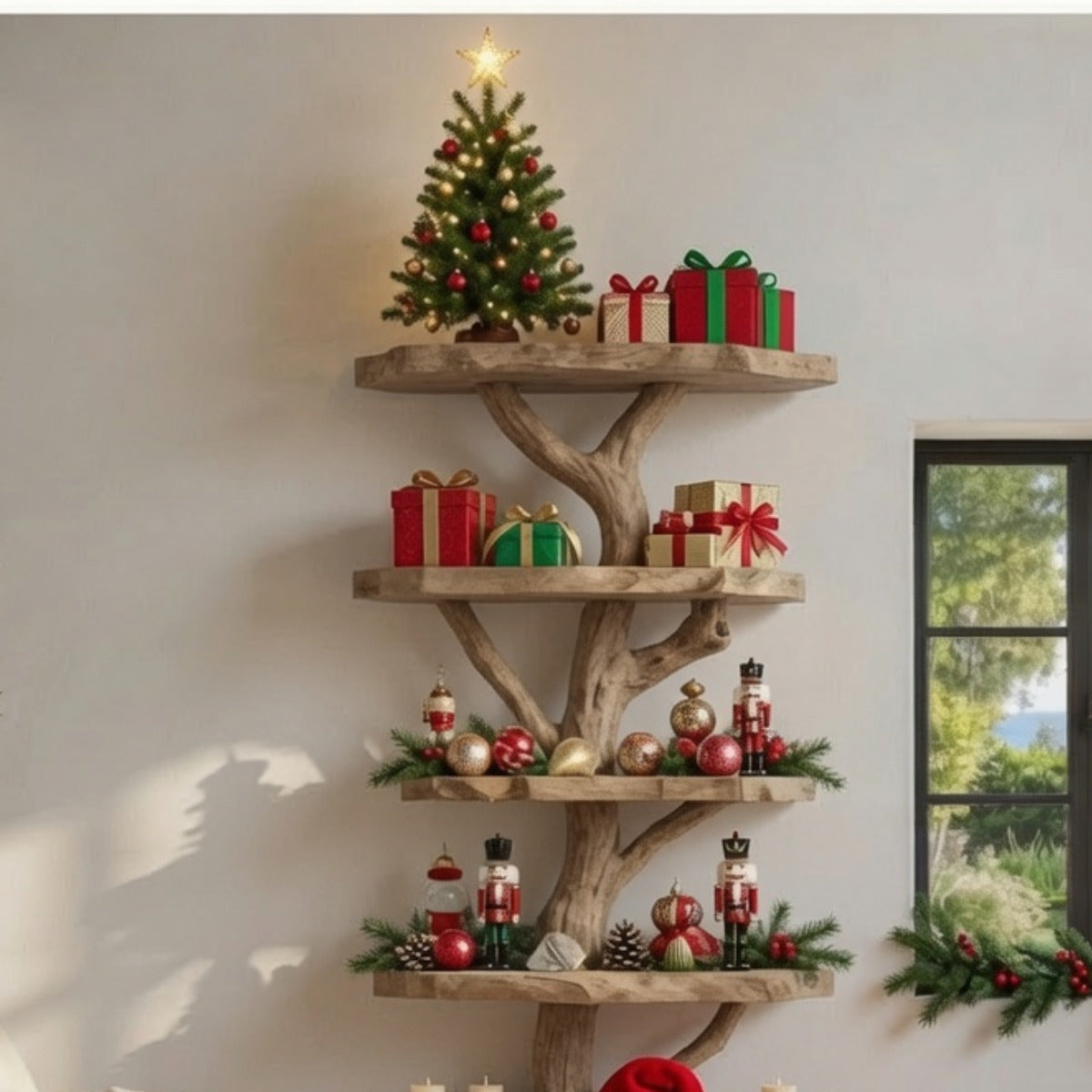 Handgefertigtes Weihnachts-Standbücherregal aus Massivholz im Baumdesign