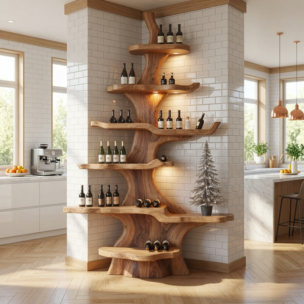 Handgefertigtes, von Bäumen inspiriertes Weinschauregal aus Massivholz in einem modernen Esszimmer