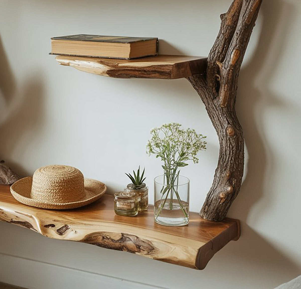 Handgefertigtes Baum-Bücherregal zur Wandmontage – Skulpturales Regal aus Massivholz