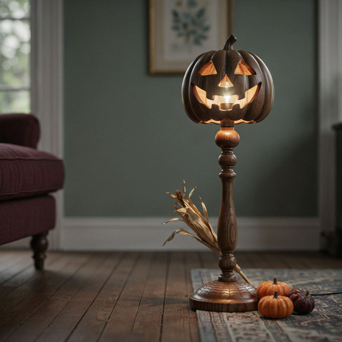 Halloween-Stehlampe mit Baumwurzelfuß aus Massivholz