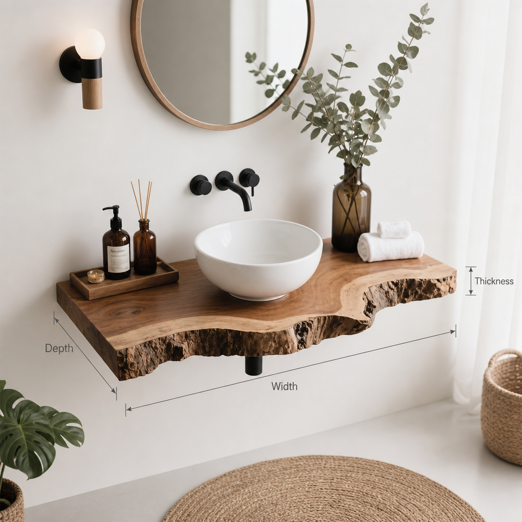 Handgefertigter rustikaler Schwebe-Waschtisch – Individuelles Baumkanten-Regal, Badezimmer-Dekor aus Massivholz