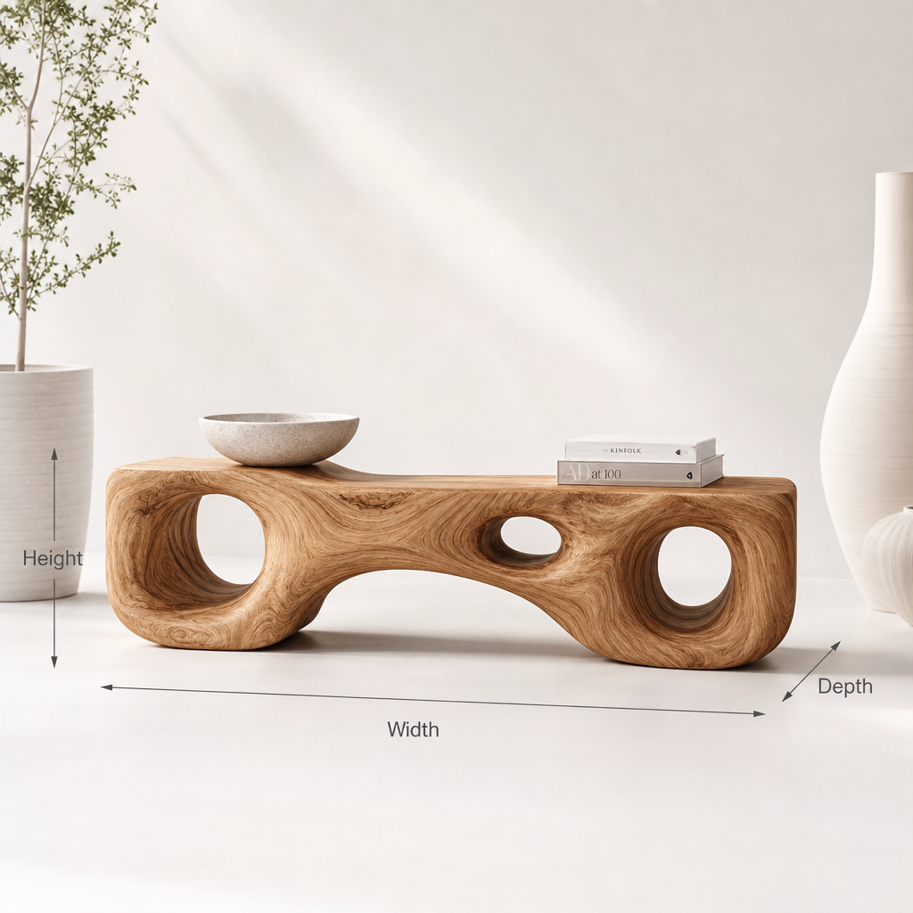 Handgefertigte skulpturale Holzbank als elegantes Sitzmöbel für Schlafzimmer oder Eingangsbereich