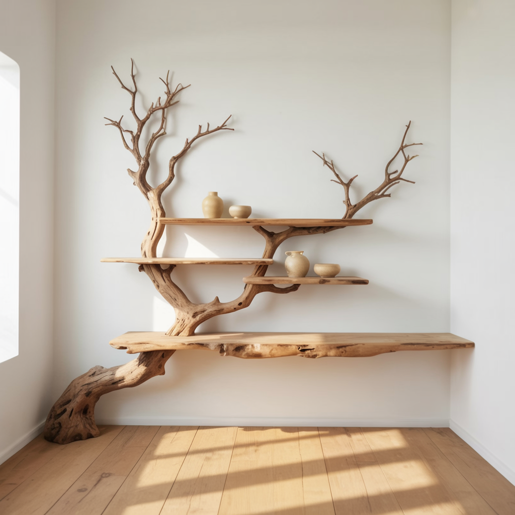 Handgemachtes Baum-Bücherregal aus Holz – Skulpturales Wandkunst-Regal aus Holz