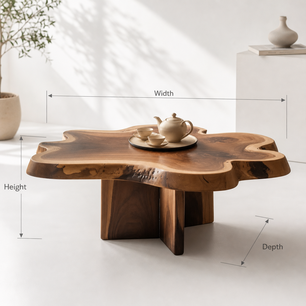 Handgemachter Tisch aus Altholz-Bohle – Rustikal-moderner Baumkanten-Mitteltisch