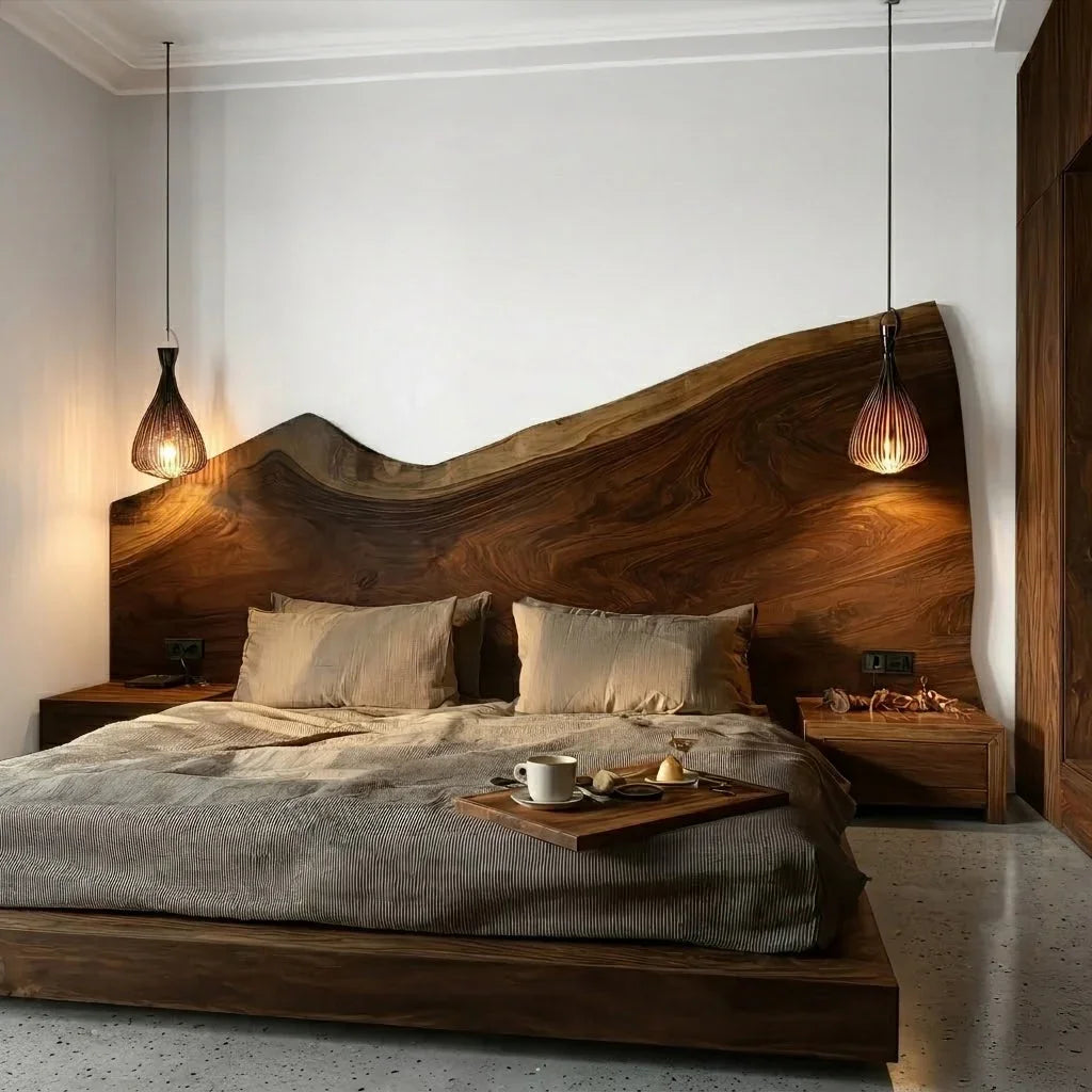 Modernes Baumkanten-Holzkopfteil mit skulpturalem Design