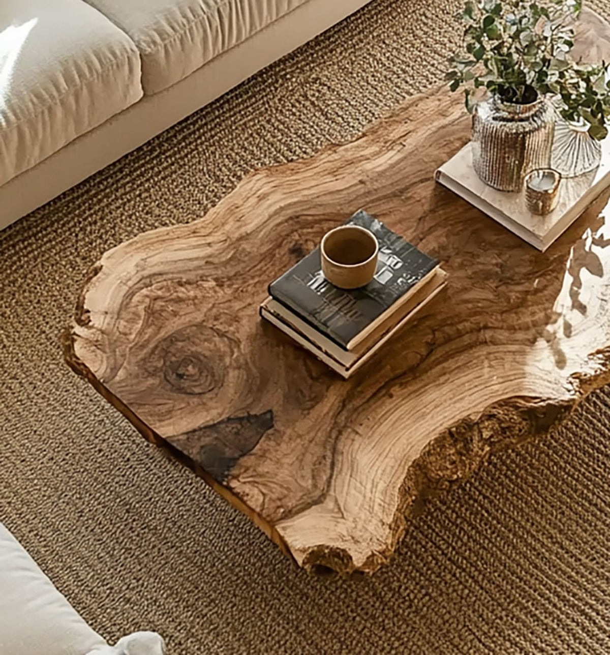 Unregelmäßiger Freiform-Baumkanten-Couchtisch aus Massivholz