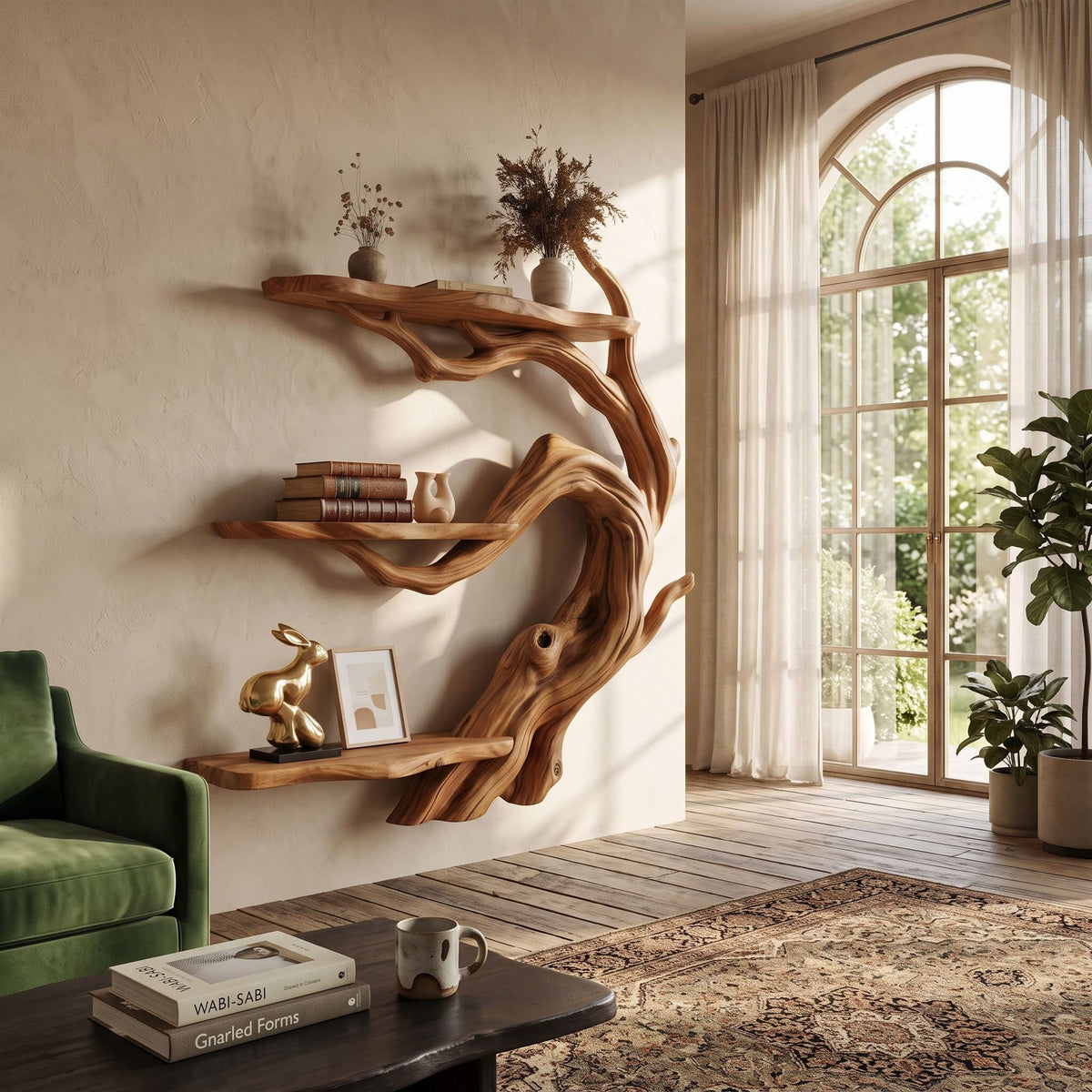 Option 2: Skulpturales dreistöckiges Kunst-Schauregal aus Naturholz für ein Wohnzimmer
