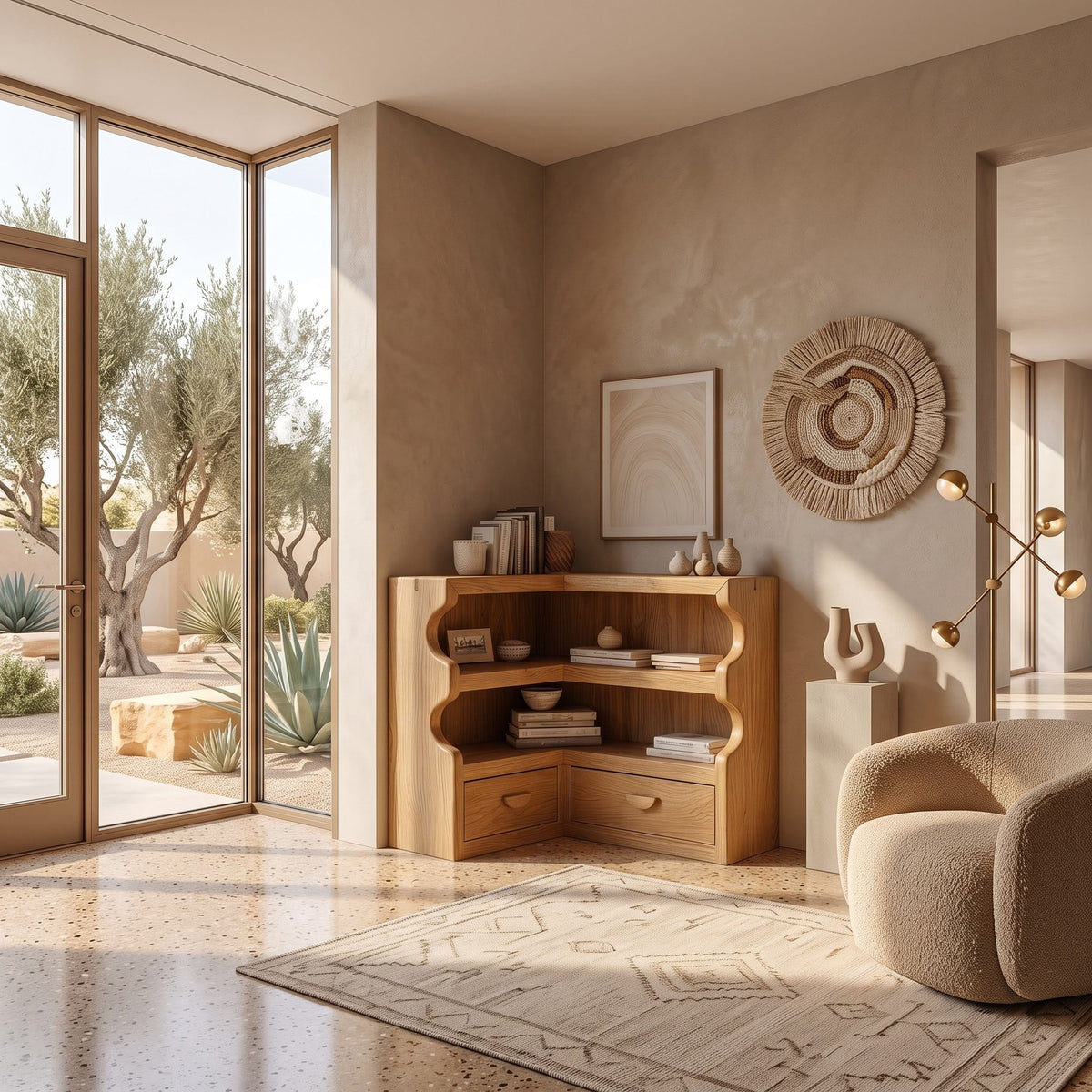 Skulpturales Sideboard mit Bogenkante aus Massivholz, das einen Japandi-Wohnbereich aufwertet