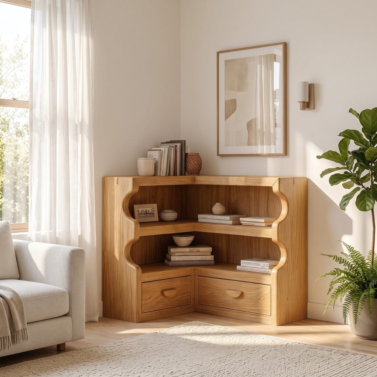 Japandi-Bücherregal und Schau-Sideboard aus Massivholz, präsentiert in einem eleganten Interieur