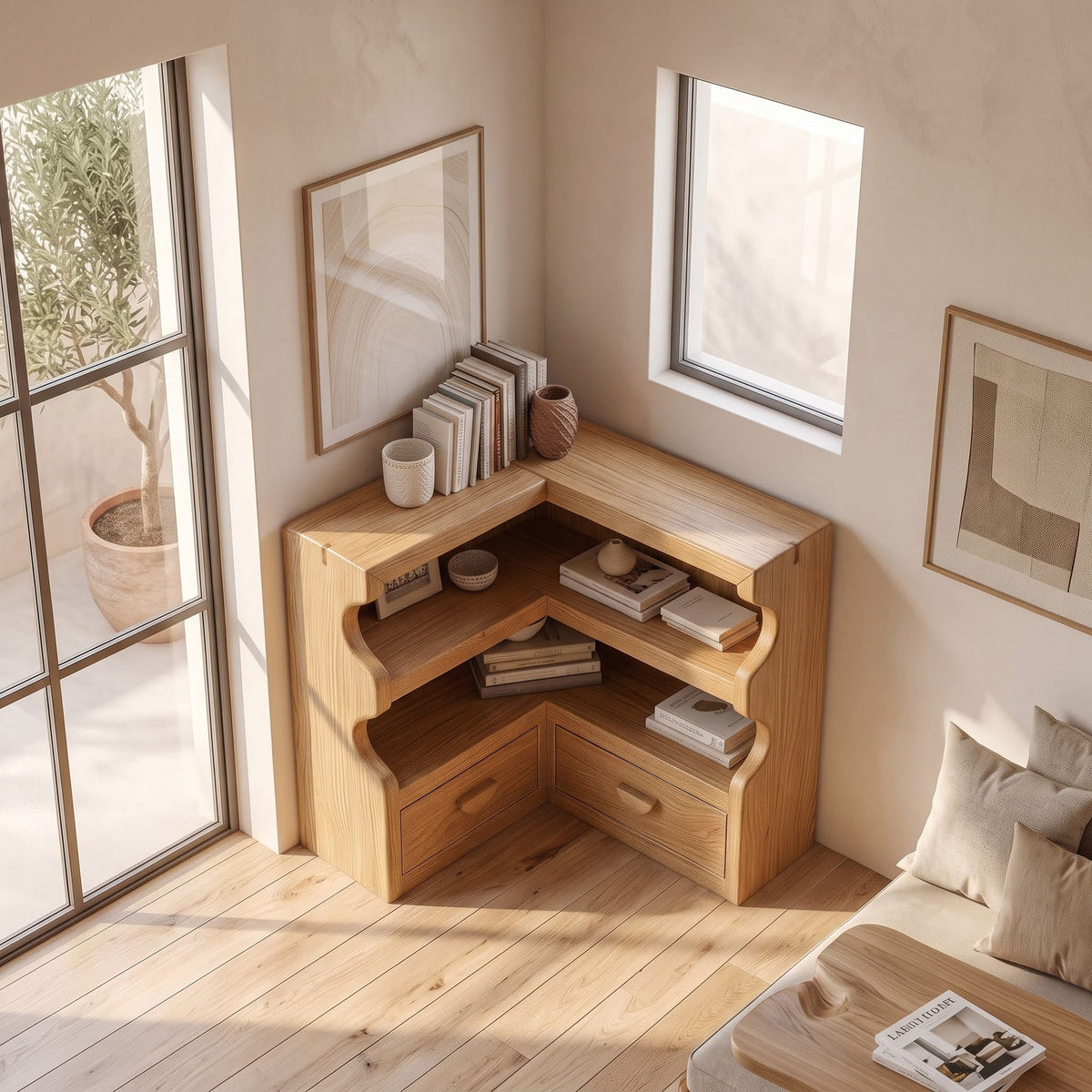 Japandi-Eckbücherregal mit Bogenkante aus Massivholz in einem zeitgenössischen Schlafzimmer