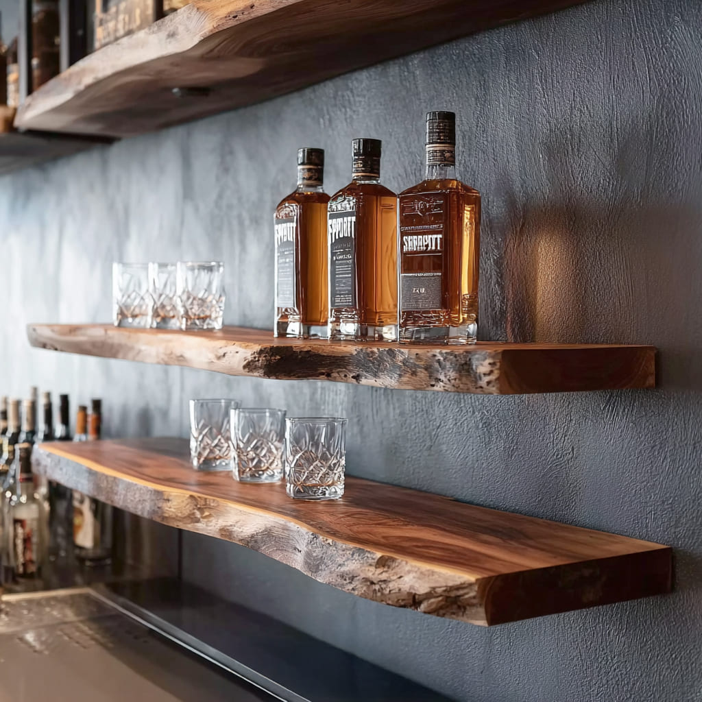 Handgefertigtes Schauregal für Whisky und Gläser aus Massivholz