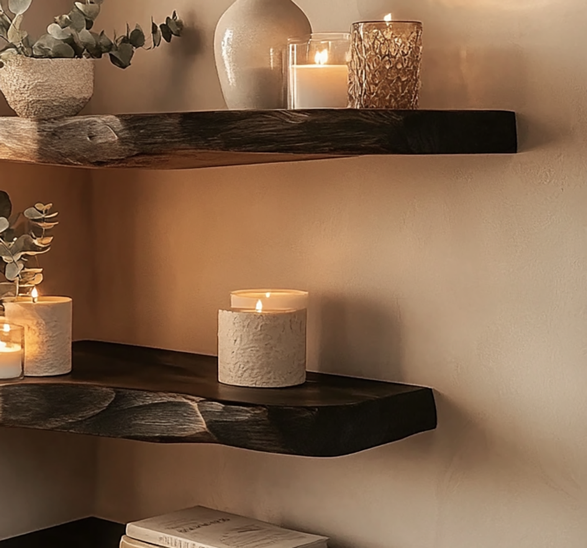 Rustikale Holz-Eck-Wandregale im schwebenden Design