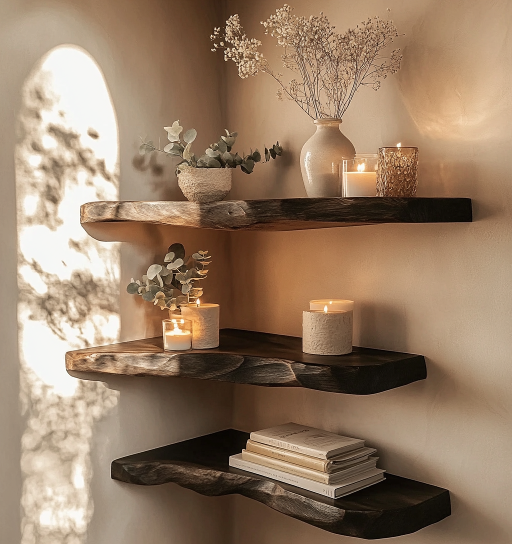Wandmontierte Holz-Eckregale als Stauraum zu Hause
