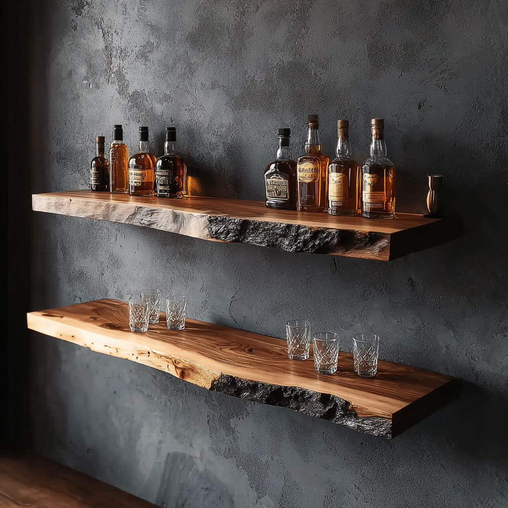 Handgefertigte schwebende Whisky-Wandregale mit Flaschen und Gläsern