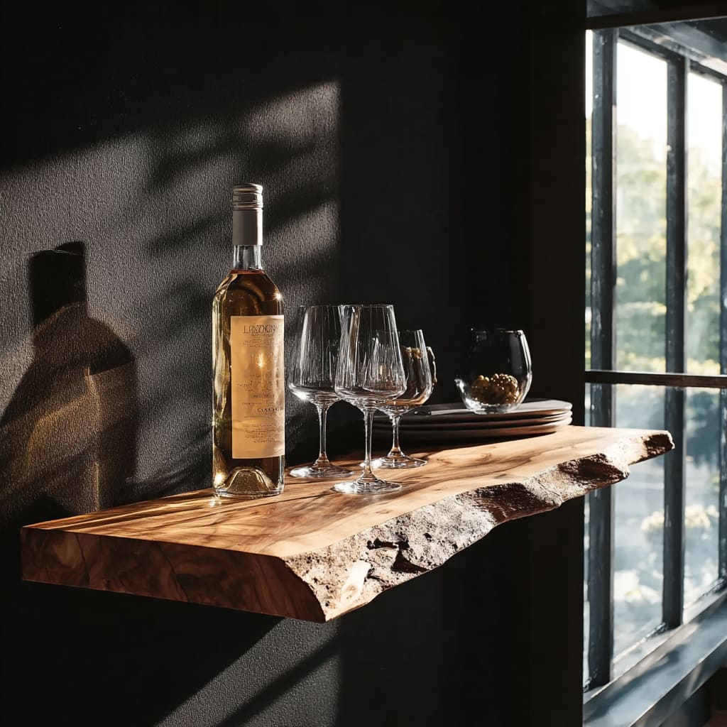 Rustikales Baumkanten-Wein-Schauregal aus Naturhartholz
