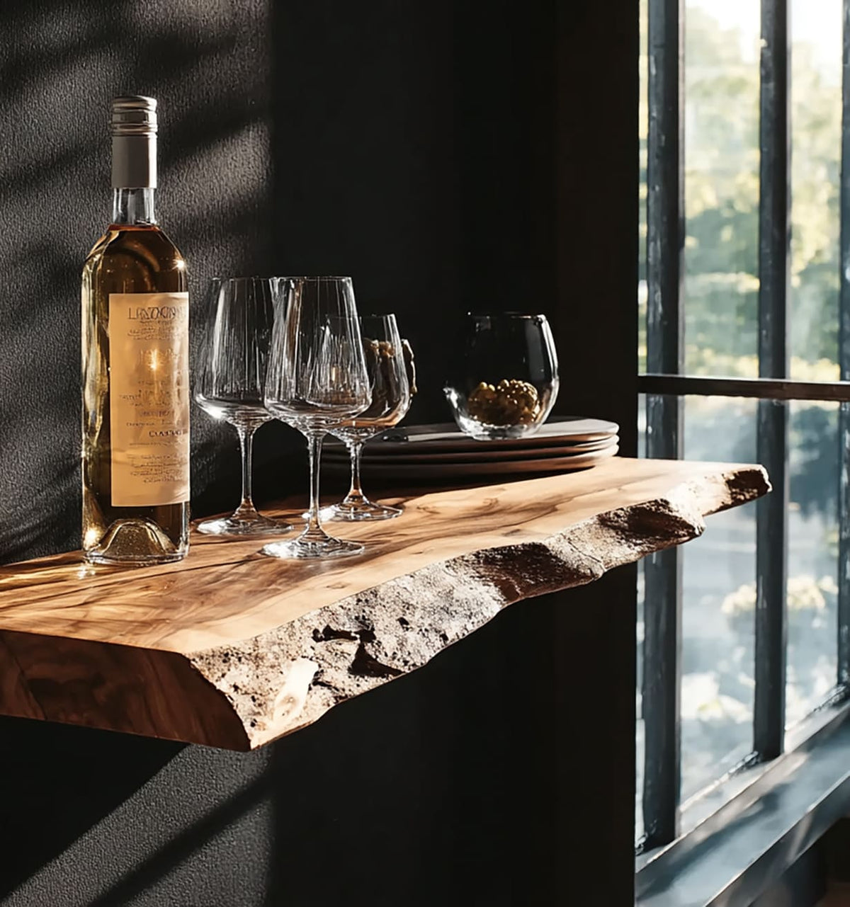 Handgemachtes Wandregal aus Massivholz für Wein und Gläser