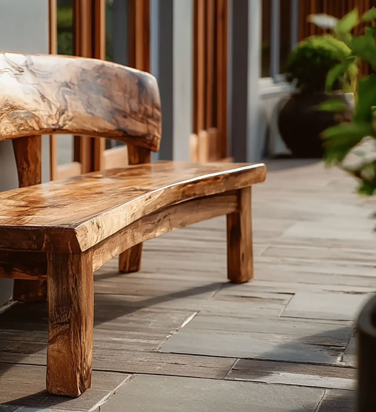 Outdoor-Bank aus Massivholz mit natürlichen Baumkanten-Details und durchgehender Rückenlehne