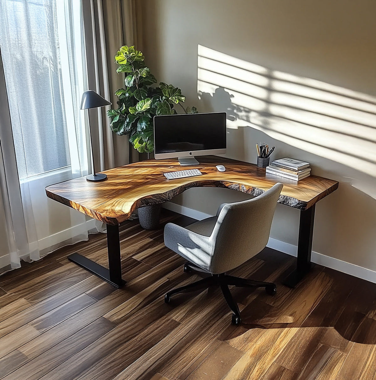 Baumkanten-Schreibtisch in L-Form mit Metallbeinen fürs Homeoffice