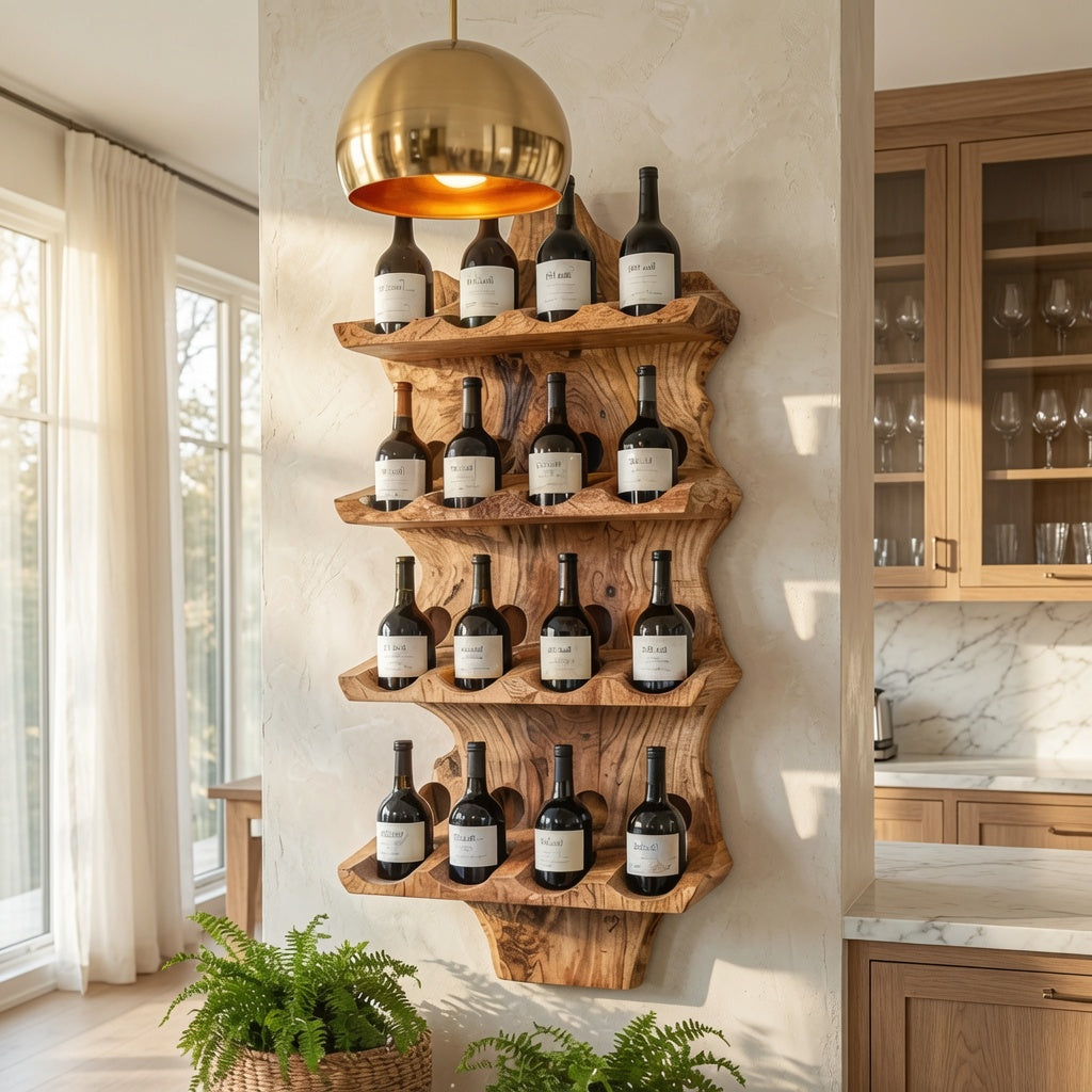 Zeitgenössisches Weinregal aus Massivholz als elegante Weinpräsentation