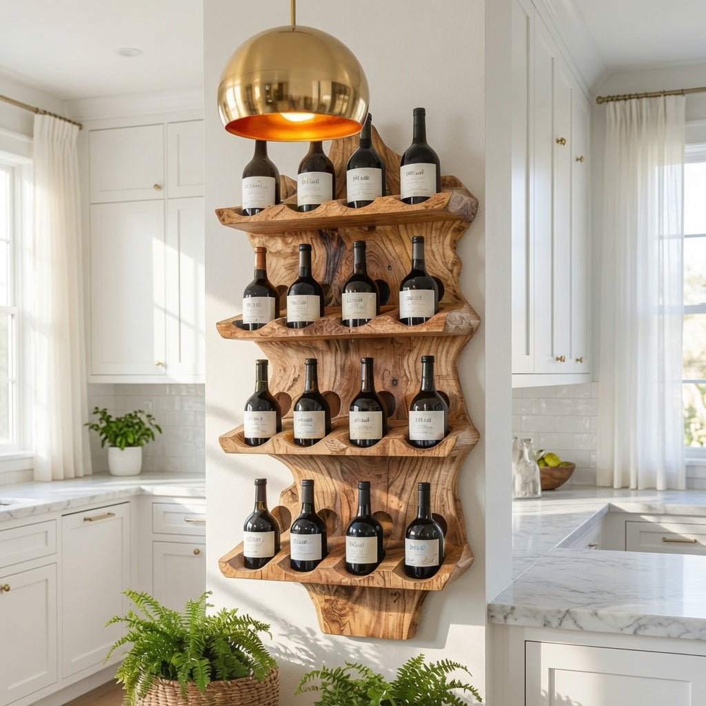 Skulpturales Baumkanten-Weinregal zur Wandmontage aus Massivholz