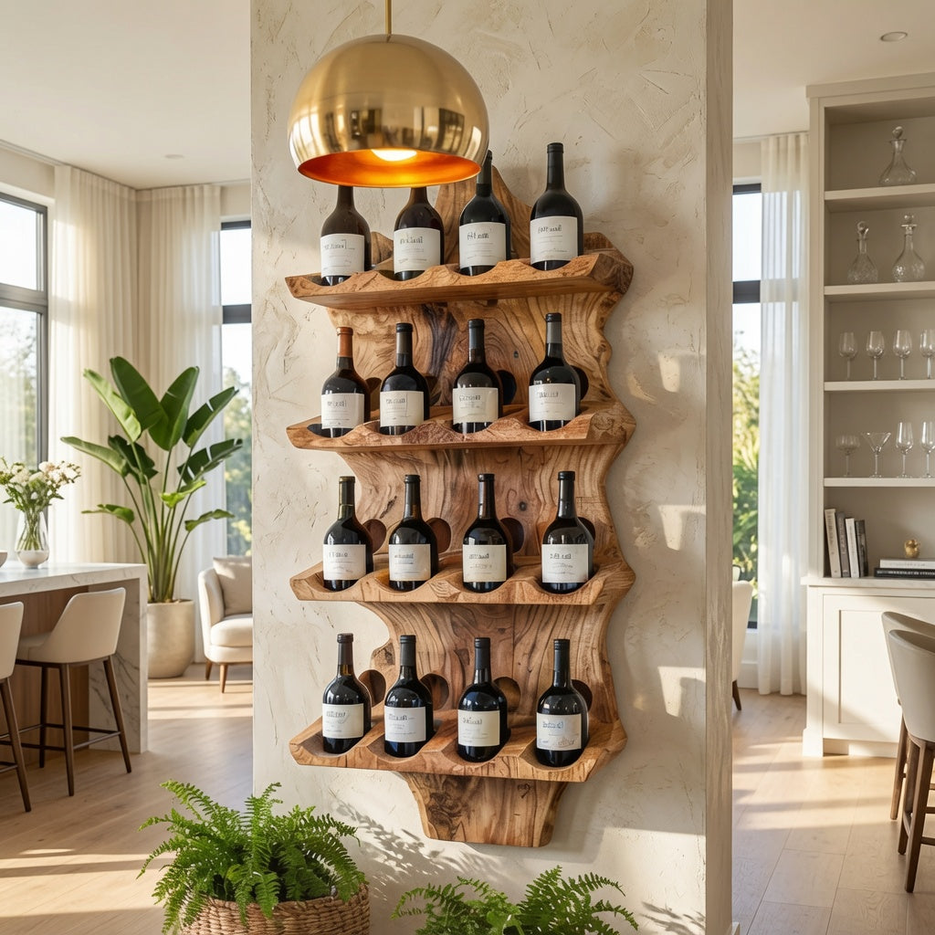 Skulpturales Baumkanten-Weinregal aus Massivholz in einem modernen Esszimmer