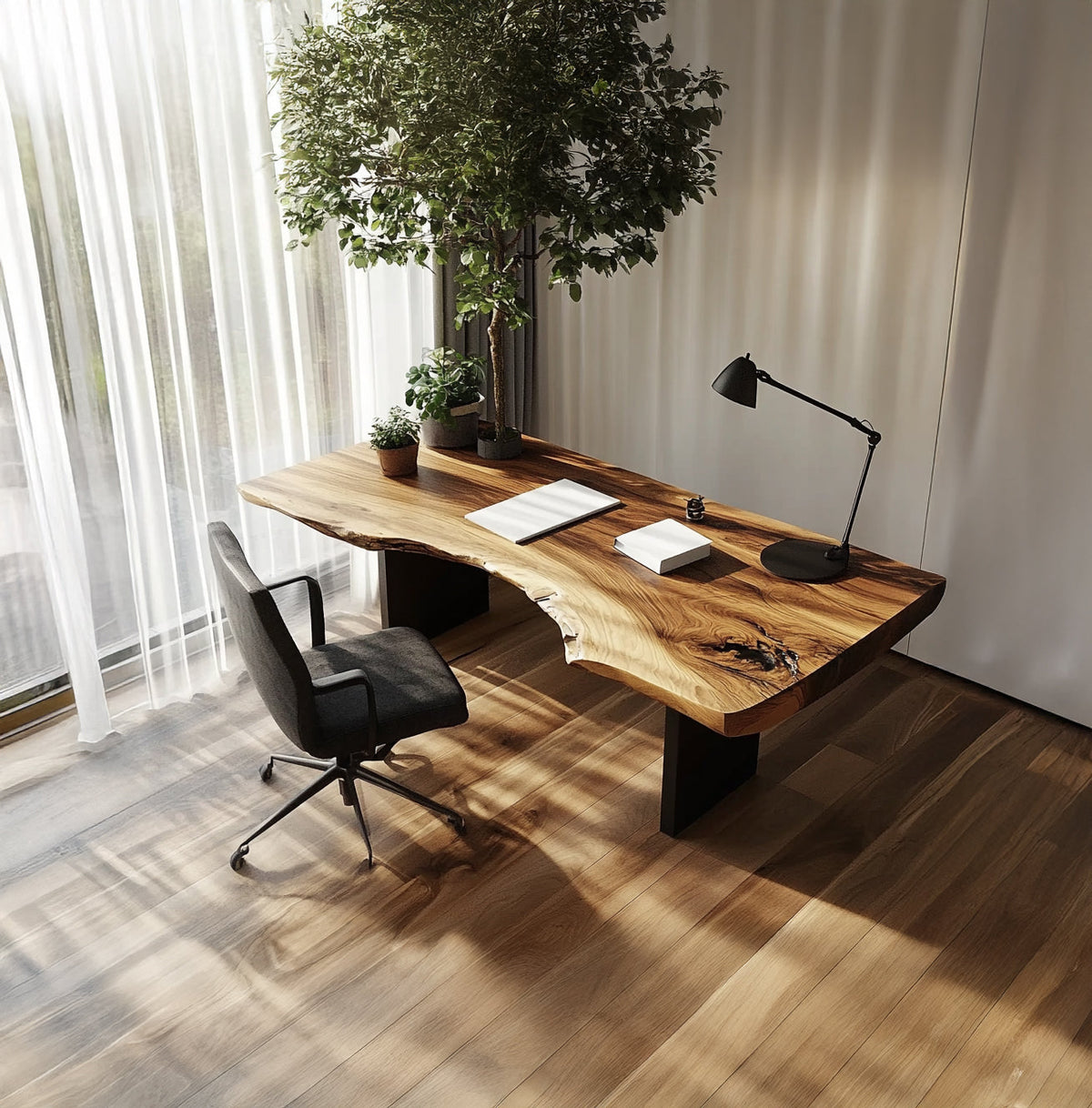 Baumkanten-Schreibtisch aus Massivholz im organisch-modernen Arbeitsplatz-Design