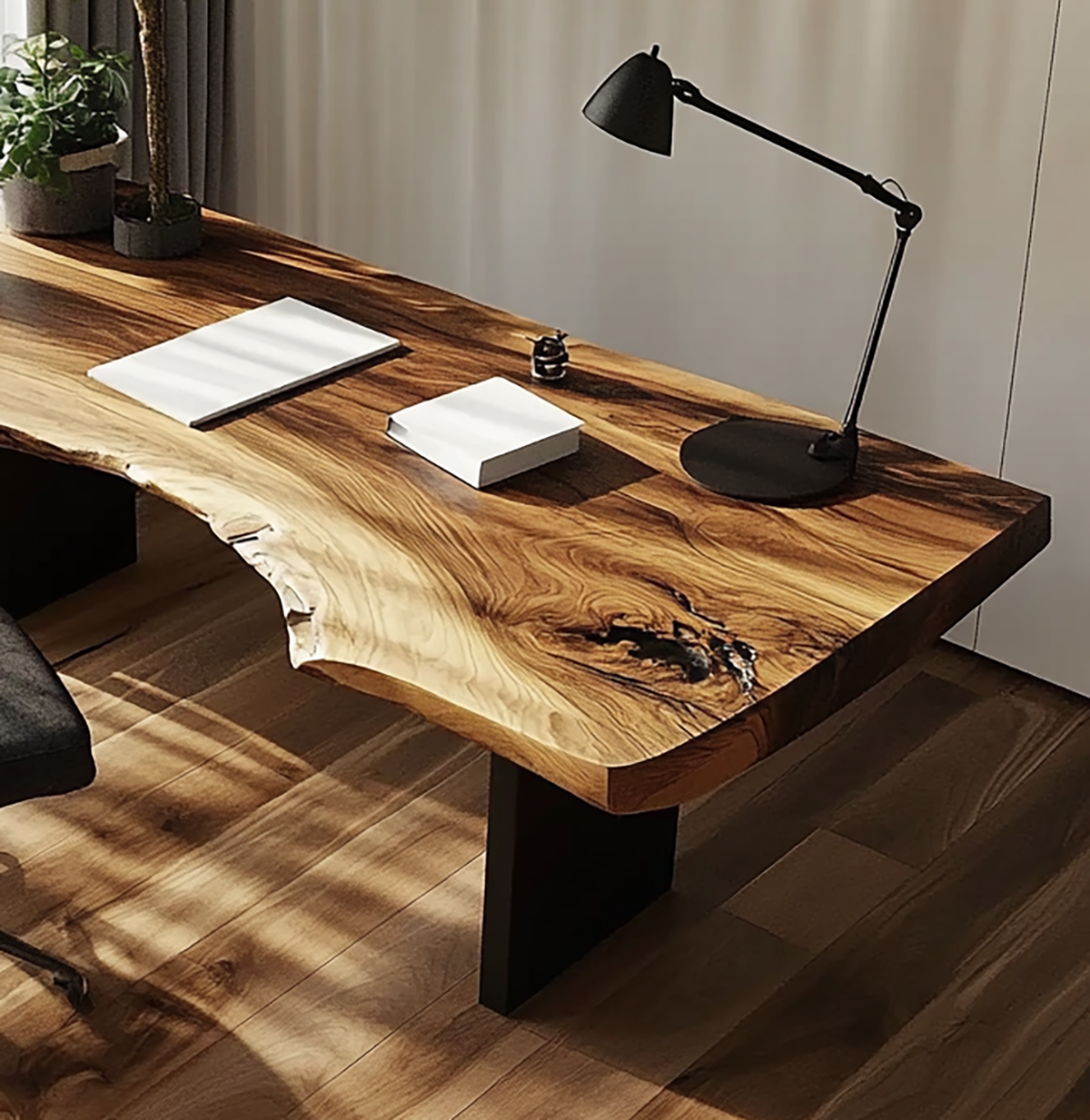 Handgefertigter Holz-Schreibtisch mit natürlichem Baumkanten-Detail