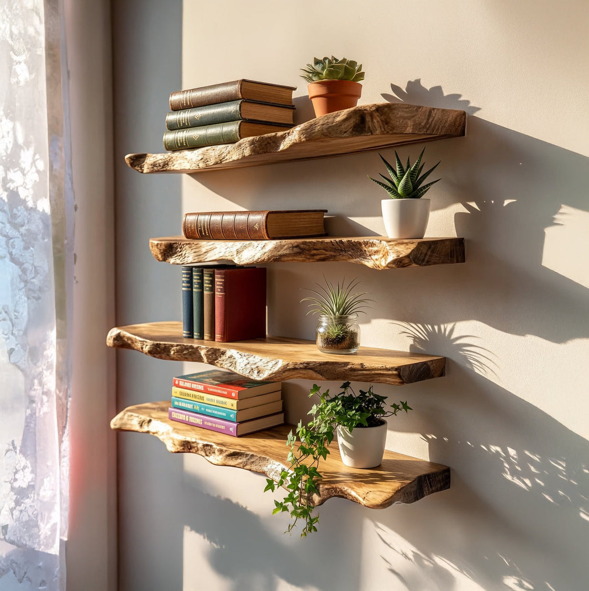 Schwebende Baumkanten-Regale aus Massivholz im organischen Wandpräsentationsdesign
