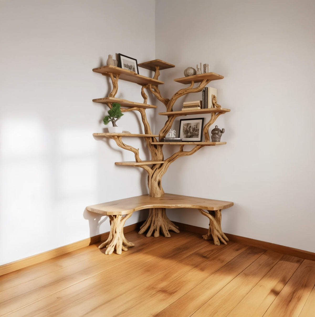Baum-Bücherregal aus Massivholz mit grüner Bonsai-Pflanze und gerahmten Fotos