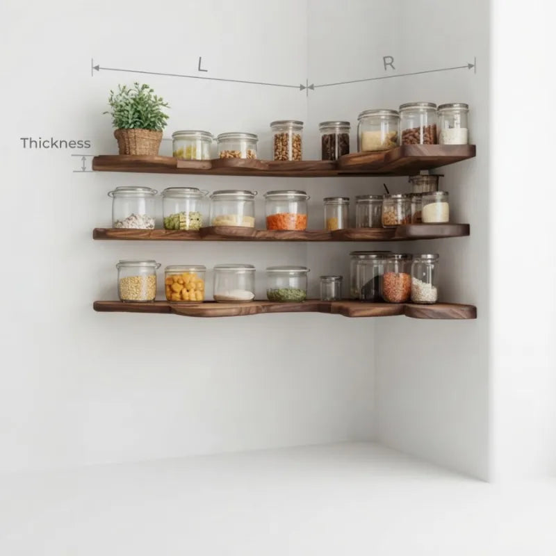 Baumkanten-Eck-Schwebregal – Handgefertigtes L-förmiges Wandregal aus Massivholz mit integrierter LED