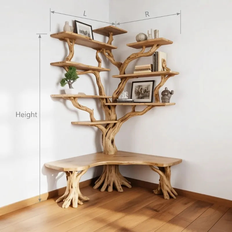 Baumkanten-Eckbücherregal in Baumform – Skulpturales Schwebregal aus Massivholz