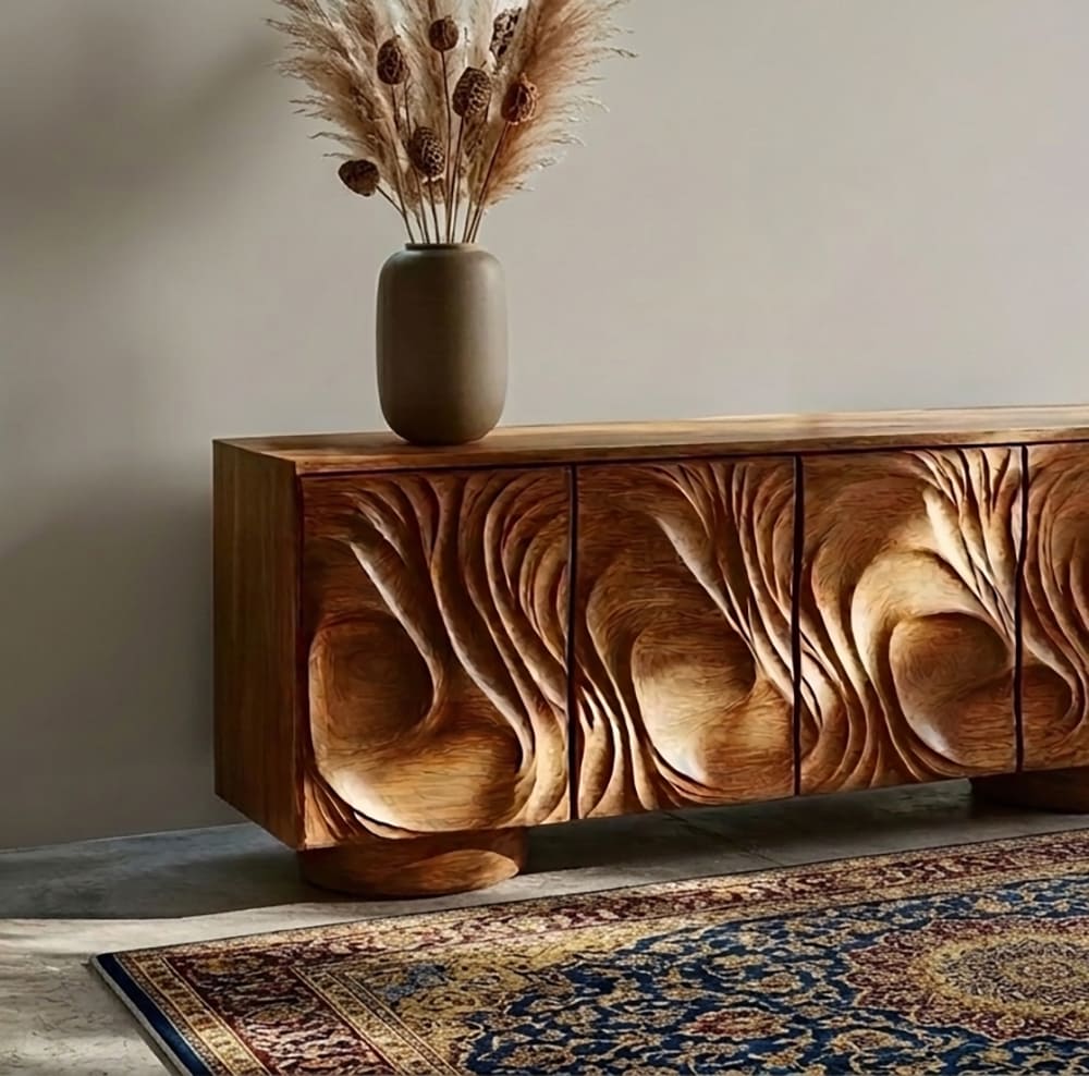 Sideboard aus Massivholz mit handskulptierten Türpaneelen und geräumigem Stauraum