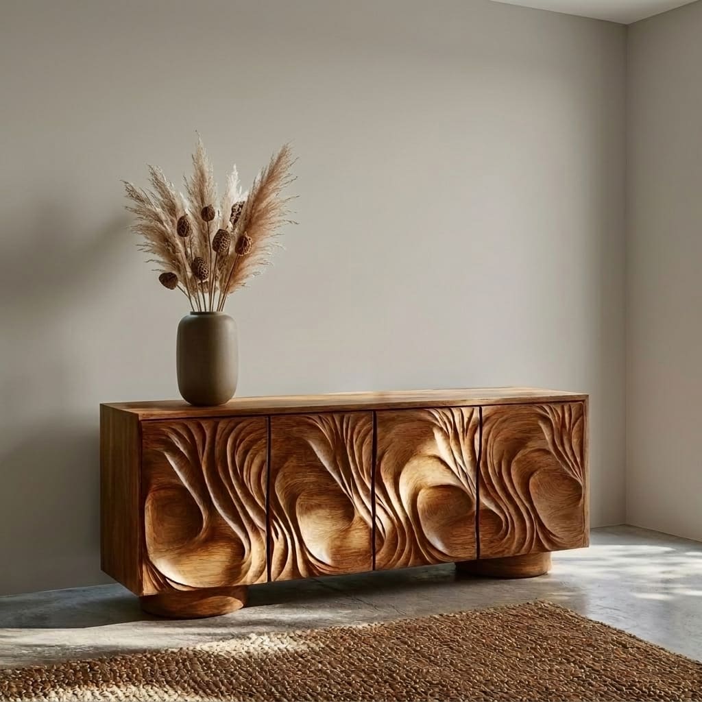 Skulpturales Stauraum-Sideboard, gestylt als Statement-Stück in einem zeitgenössischen Wohnzimmer