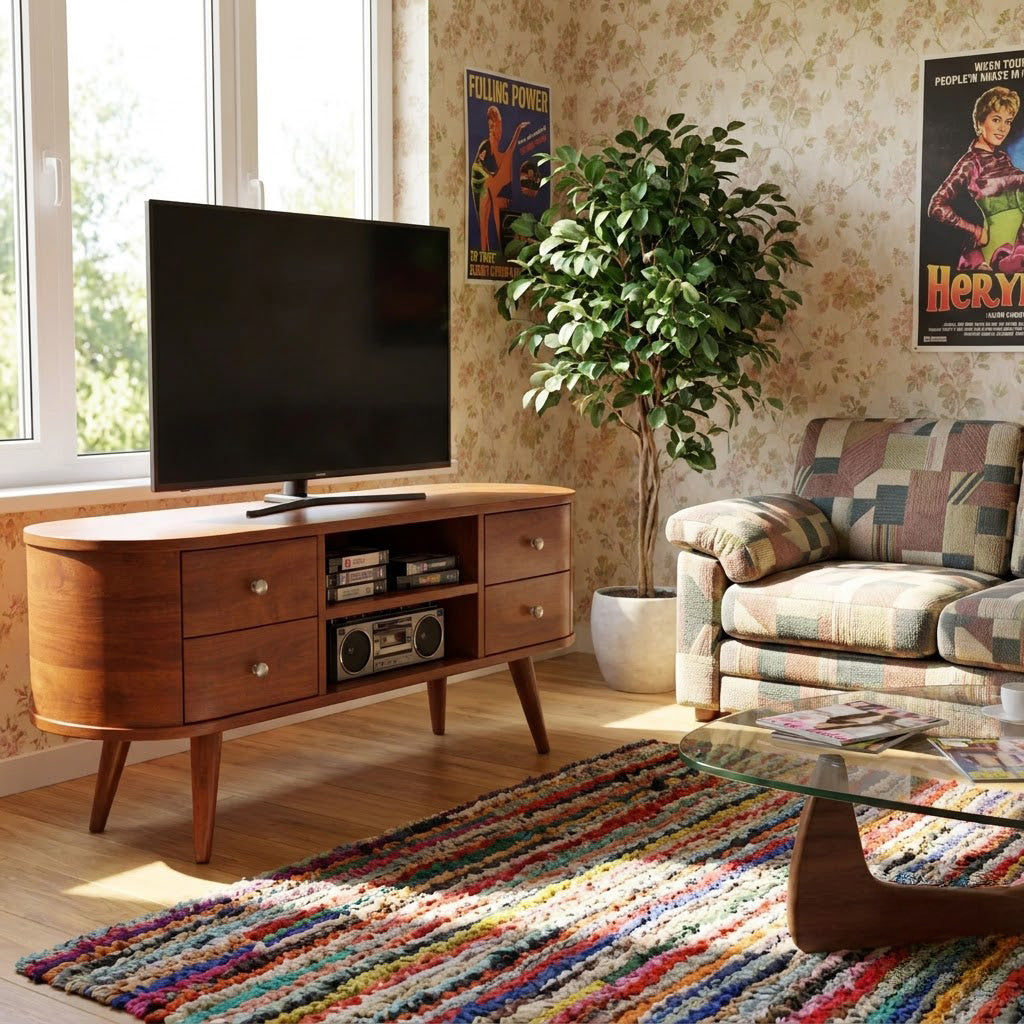 Geschwungenes TV-Lowboard aus Massivholz, präsentiert in einem Vintage-Wohnzimmer
