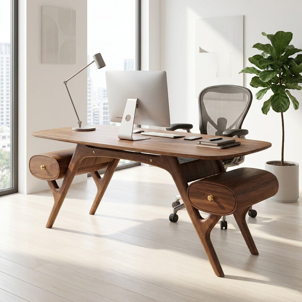 Mid-Century-Chefschreibtisch aus Massivholz, der einen minimalistischen Heim-Arbeitsbereich aufwertet