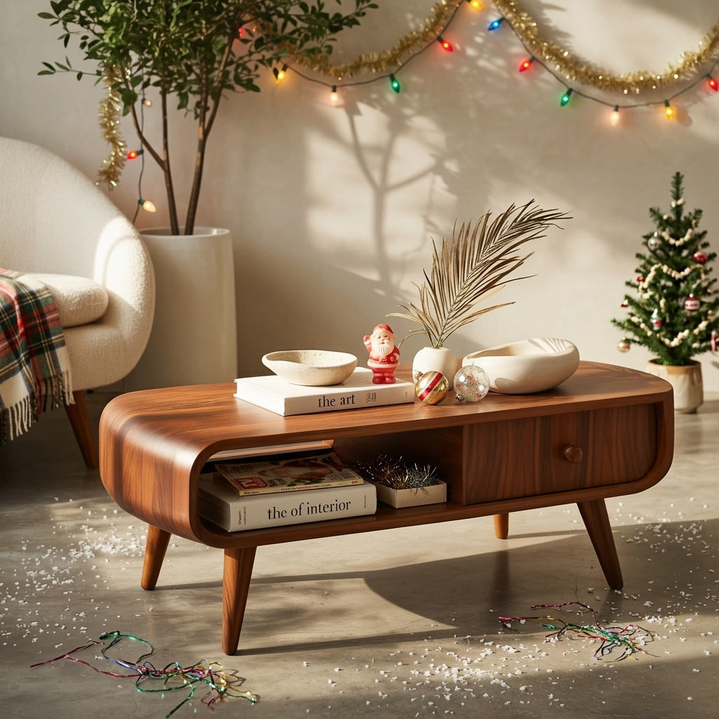 Eleganter Holz-Couchtisch in einem warmen weihnachtlichen Interieur