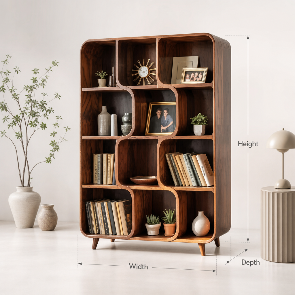 Mid-Century-Schauregal aus Massivholz im organisch-modernen geschwungenen Design für Bücher