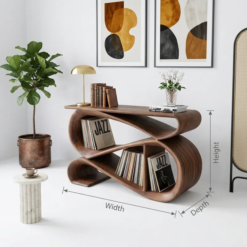 Mid-Century-Plattenspieler-Ständer aus Massivholz & Vinyl-Stauraumkonsole